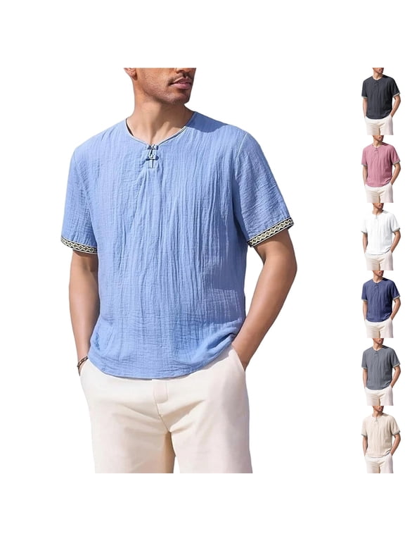 Men's Summer Bohemian Embroidered Short Sleeve Top Casual Shirt Tee Round Neck Nylon Spandex Soft Stretchy Breathable Daily Beach Vacation Hiking Outfit Modern Fashion Essential