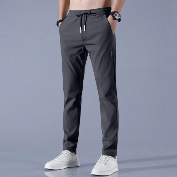 Men's Summer Breathable Casual Pants, Elastic Waist Drawstring Straight Leg Trousers, Lightweight Long Pants with Pockets for Daily Outdoor Wear 03-Dark Gray XXL