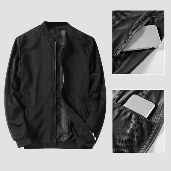 Men's Summer Breathable Mesh Sun Protection Clothing Outdoor Fishing Inner Pocket Long Sleeves Coat Black XXL