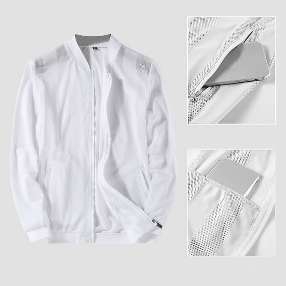 Men's Summer Breathable Mesh Sun Protection Clothing Outdoor Fishing Inner Pocket Long Sleeves Coat White L