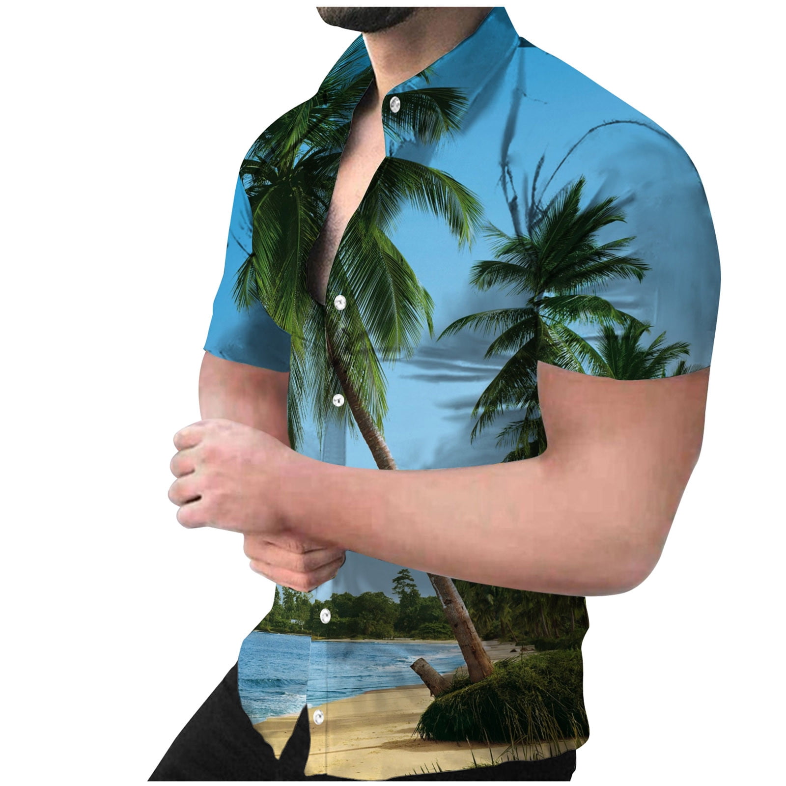 Men's Summer Button Down Dress Shirt Palmshadow Floral Short Sleeve Hawaiian Shirt Casual Slim