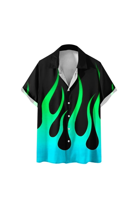 Men's Summer Button Down Shirts Flame Print Short Sleeve Bowling Shirt Tops Casual Relaxed Fit Elastic Tees for Vacation Traveling