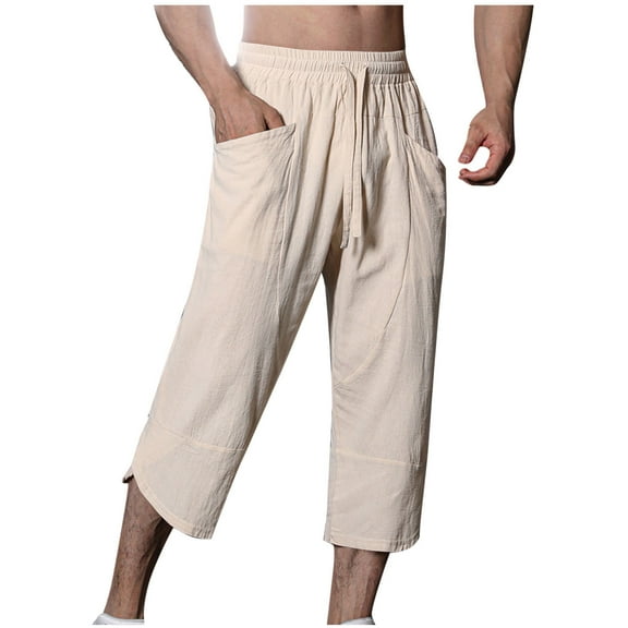 Men's Summer Capri Pants Lightweight Breathable Slit Pants Solid Color Elastic Drawstring Casual Shorts