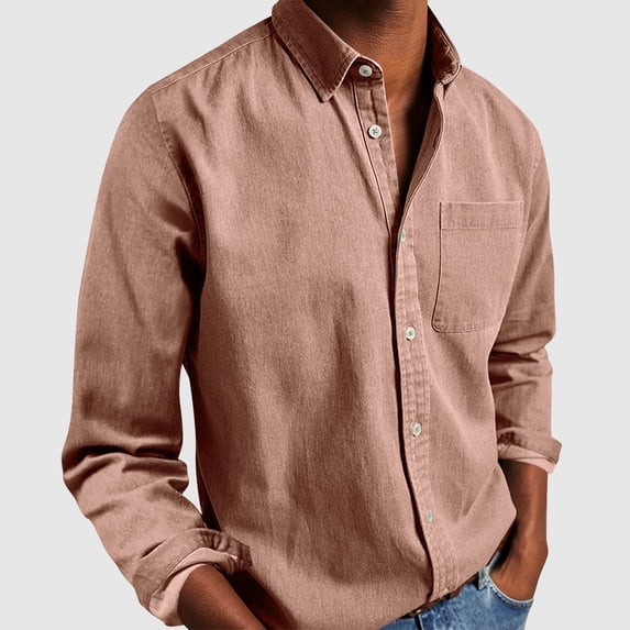 Men's Summer Casual Cotton Button Down Shirt Top, Solid Color Lapel Pocket Tee, Lightweight Breathable Relaxed Fit, Beach Vacation Travel Outfits Fashion Essential | JASKFLY,Pink L