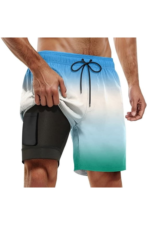 Men's Summer Casual Four Color Gradient Double Layer Beach Pants: Lightweight, Breathable, Elastic Waist, Swim Shorts