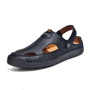 Mens Summer Casual Hollow Leather Sandals, Handmade Soft Sole Slip-On Shoes with Closed-Toe Comfort for Beach, Travel, and Everyday Wear