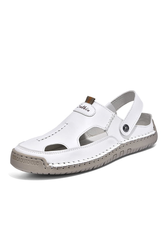 Men's Summer Casual Hollow Leather Sandals, Handmade Soft Sole Slip-On Shoes with Closed-Toe Comfort for Beach, Travel, and Everyday Wear