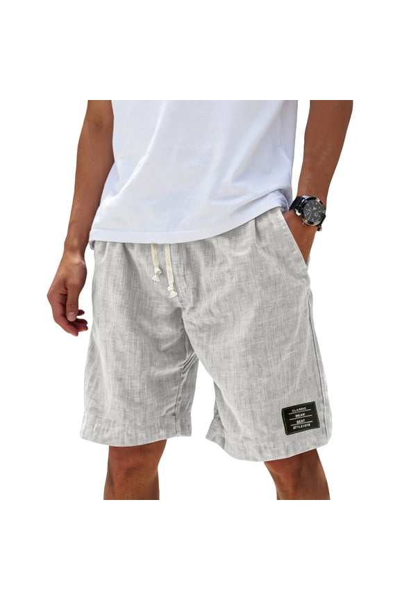 Men's Summer Casual Linen Textured Shorts, Elastic Waist Drawstring Knee Length pants, Breathable Lightweight Sports Shorts with Pockets for Daily Wear White XL