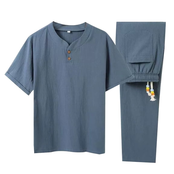 Men's Summer Casual Linen Two-Piece Set Lightweight and Breathable for Beach & Outdoor Activities