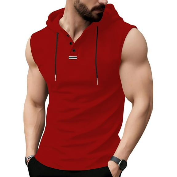 Men's Summer Casual Pullover Hooded Vest With Pocket Sports Sleeveless Tank Top Red Size M