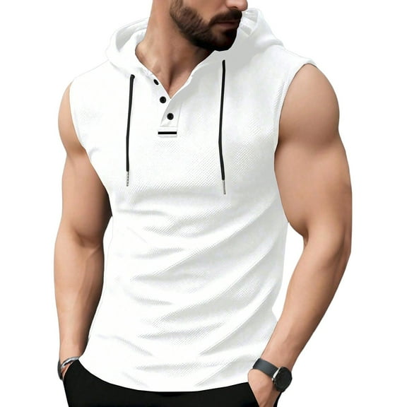 Men's Summer Casual Pullover Hooded Vest With Pocket Sports Sleeveless Tank Top White Size M