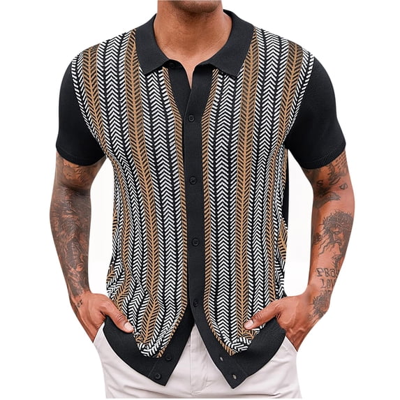 Men's Summer Casual Short Sleeve Knit Shirt with Lapel Collar, Striped Pattern, Slim Fit, Breathable and Wrinkle-Free