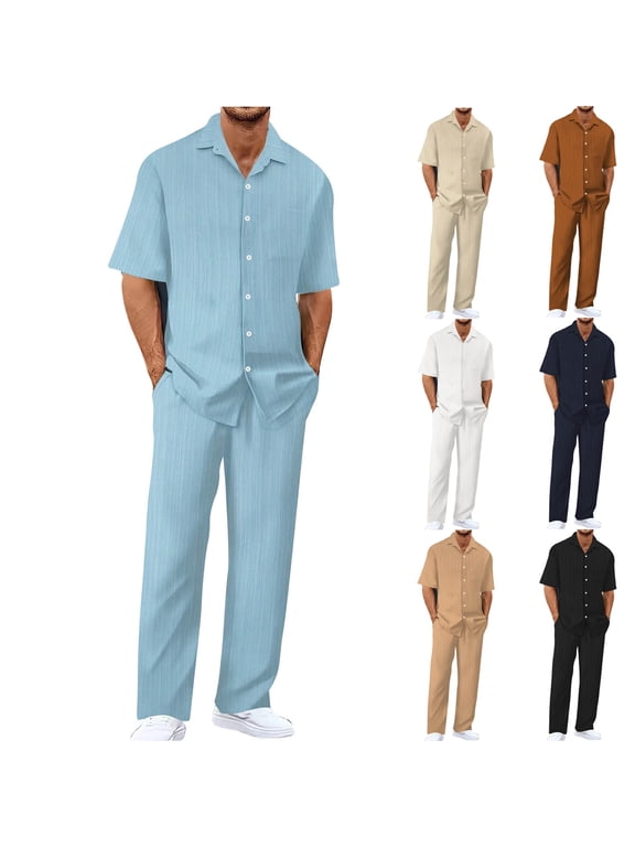 Men's Summer Casual Short Sleeve Lapel Shirt and Elastic Waist Shorts Set Solid Color Loose Fit Drawstring Beach Vacation Golf Loungewear Outfits Modern Fashion Essential