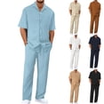 thumbnail image 1 of Men's Summer Casual Short Sleeve Lapel Shirt and Shorts Set 2 Piece Outfit Loose Fit Drawstring Elastic Waist for Vacation Beach Holiday Outdoor Loungewear Daily Wear | Ihhxva,Beige L, 1 of 9