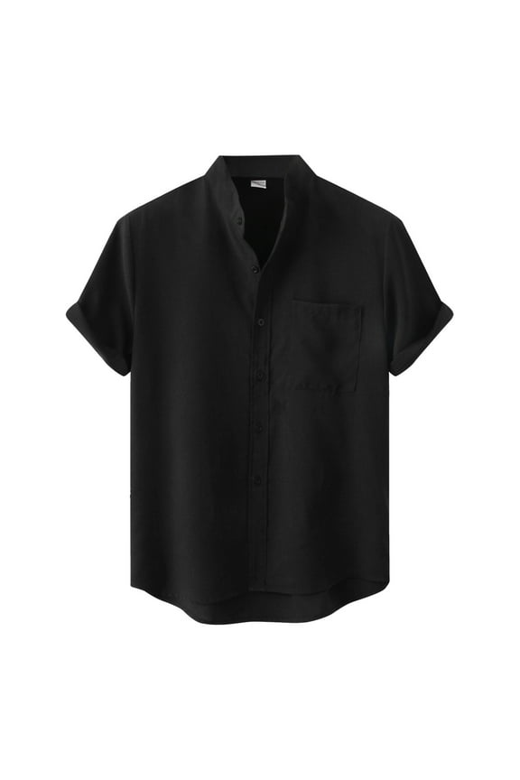 Men's Summer Casual Short Sleeve Shirt - Stand Collar, Solid Color, Polyester, Button Design, Daily/Party Wear, US 10-18 Sizes