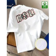 Mens Summer Casual Short Sleeve T-Shirt - 100% Cotton Relaxed Fit Round Neck Tee with Bold "HUSTLE" Graphic Print, Vibrant Red for Outdoor & Casual Attire