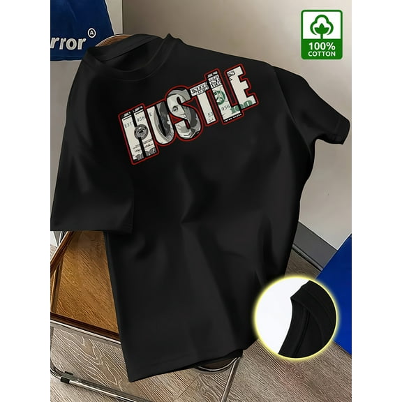 Men's Summer Casual Short Sleeve T-Shirt - 100% Cotton Relaxed Fit Round Neck Tee with Bold "HUSTLE" Graphic Print, Vibrant Red for Outdoor & Casual Attire