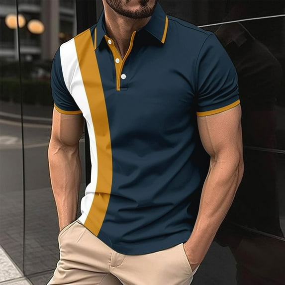 Men's Summer Casual Short Sleeved Shirt with Stand Up Collar Button Down Color Blocked T-shirt Top