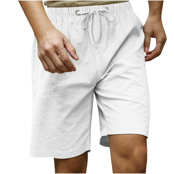 Men's Summer Casual Shorts Bermuda Sports Elastic Waist Solid Color Cotton Drawstring Pocket Shorts White