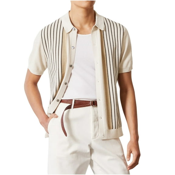 Men's Summer Casual Striped Knit Shirt Button Short Sleeve Polo Shirt