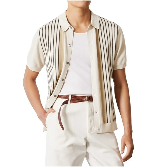 Men's Summer Casual Striped Knit Shirt Button Short Sleeve Polo Shirt