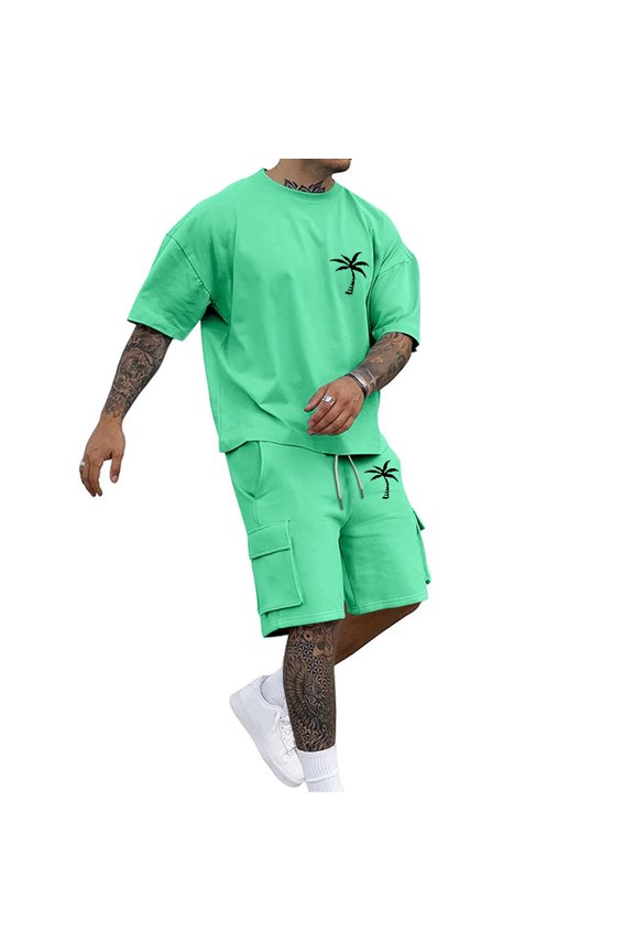 Men's Summer Casual Suits Round Neck Short Sleeve Comfortable Breathable Outdoor Home Wear Tropical Coconut Tree Print Design Machine Washable