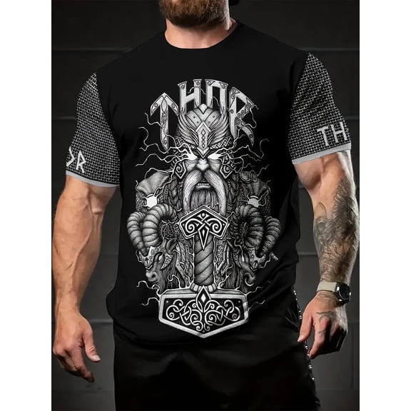 Men's Summer Casual T-shirt, Thor Print, Polyester 100%, round Neck, Short Sleeve, Knitted Fabric, Slight Elasticity, Regular Cutting, Outdoor Leisure Sports T-shirt, 110G/Square Meter-Black