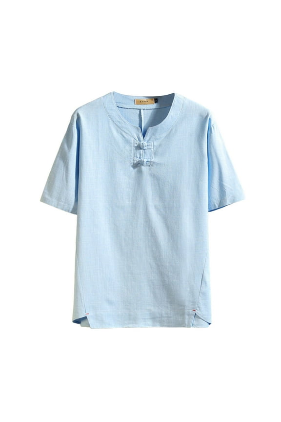 Men's Summer Casual V Neck Loose Short Sleeve T Shirt for Everyday Wear and Outdoor Activities Stylish Buckle Design Comfortable and Breathable Fabric Mens T-Shirts No Pockets with Beach Tees