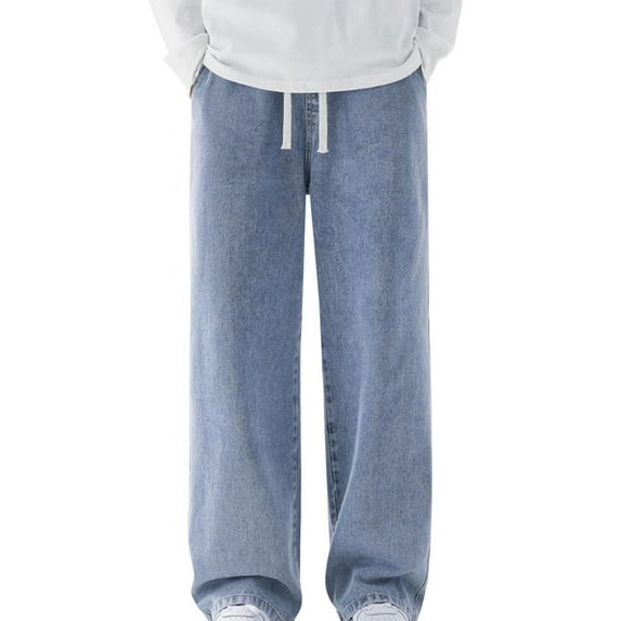 Men's Summer Casual Vintage Jeans，Stretch Elastic Waist Drawstring Denim Pants Straight-Leg Pants，Loose Fit Pants with Pockets Light Blue XXL
