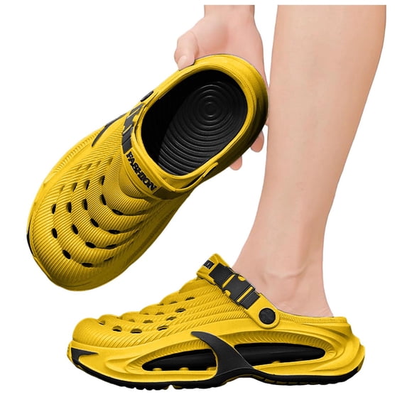 Men's Summer Clogs Stylish Hollow out Sandals Garden Sneakers Non Slip Breathable Comfortable Outdoor Beach Walking Shoes Yellow Size 9.5