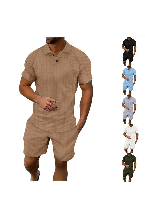 Men's Summer Color Blocked Casual Collar Short Sleeved Shorts Set Breathable Fashion Outfits for Beach Vacation Golf Travel Streetwear | AESTIVO,Army Green L
