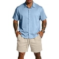 thumbnail image 1 of Men's Summer Color Matching Set Beach 2 Piece Outfits Solid Cruise Button Down Shirt and Short Sets, 1 of 6