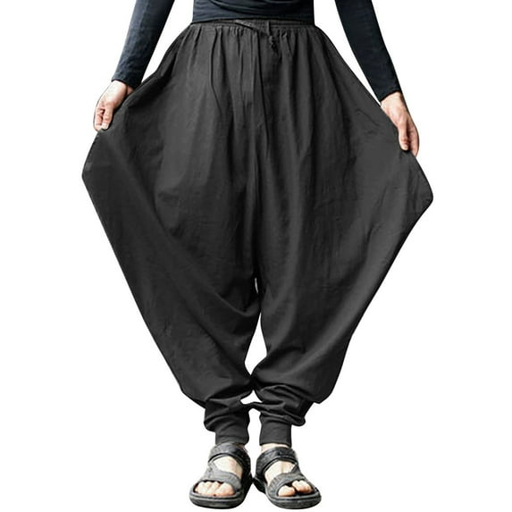 Men's Summer Cotton Linen Harem Pants - Loose Fit, Elastic Waist, Drawstring, 45% Linen 35% Cotton, M-XXXL Sizes, Beach/Vacation/Casual
