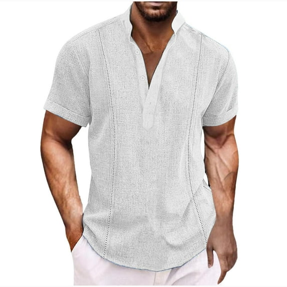 Men's Summer Cotton Linen Shirts, Short Sleeve Button Up Casual Stand Collar Henley T-Shirts Blouse