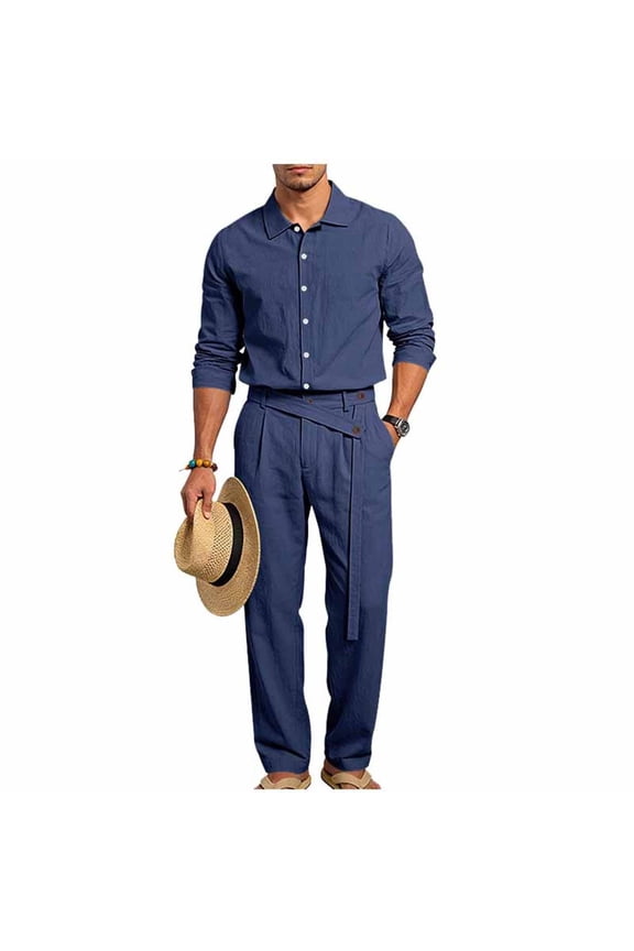 Men's Summer Cotton Linen Suit Set, Lightweight Breathable Button Down Shirt and High Waist Belted Pleated Golf Trousers 2 Piece Set for Beach & Daily Wear Big and Tall Size S-3XL Navy