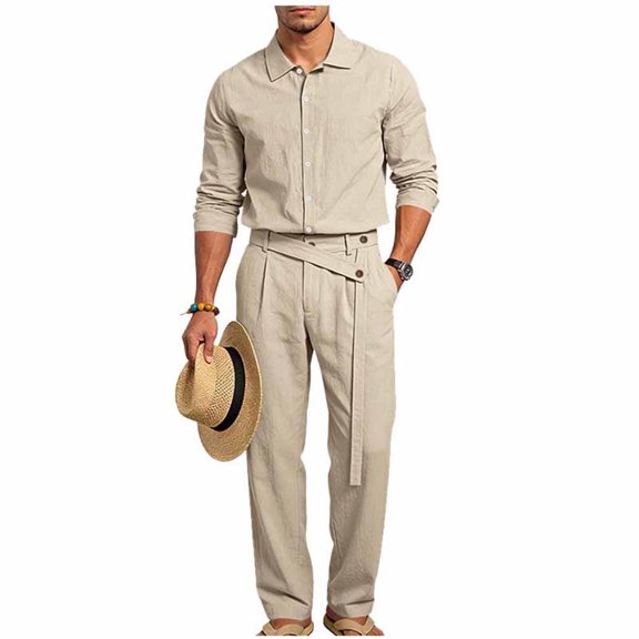 Men's Summer Cotton Linen Suit Set, Lightweight Breathable Button Down Shirt and High Waist Belted Pleated Golf Trousers 2 Piece Set for Beach & Daily Wear Big and Tall Size S-3XL Khaki