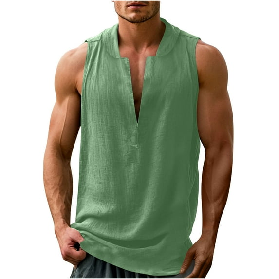 Men's Summer Cotton Linen Tanks V Neck Lapel Tops Sleeveless T Shirts Breathable Leisure Blouses Solid Color Tank Tops Big and Tall Muscle Tee