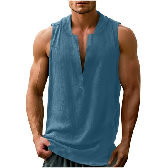 Men's Summer Cotton Linen Tanks V Neck Lapel Tops Sleeveless T Shirts Breathable Leisure Blouses Solid Color Tank Tops Big and Tall Muscle Tee