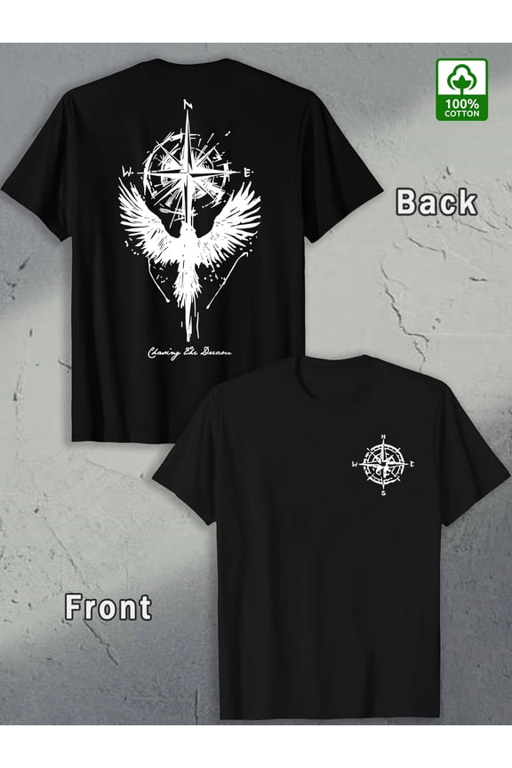 Men's Summer Cotton T-Shirt with Black Crow & Compass Graphics, Double-Sided Tattoo Style Print, Casual Outdoor Wear, Machine Washable -