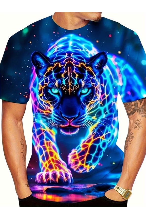 Men's Summer Creative Fashion Tiger Digital Print T-Shirt, Crew Neck Short Sleeve T-Shirt, Crew Neck Sports Shirt, Men's Boutique Top, Crew Neck Men's Clothing