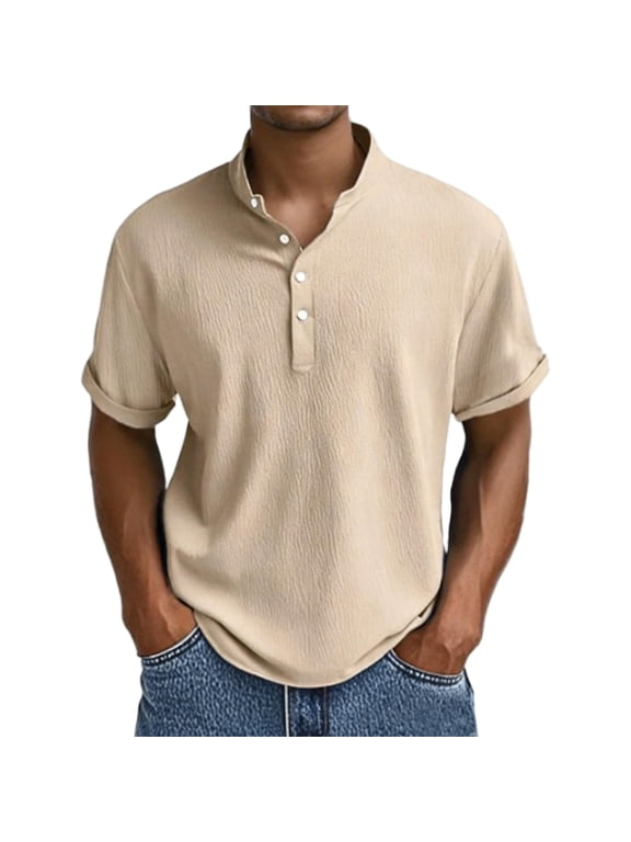 Men's Summer Crinkle Texture Short Sleeve Henley Shirt Casual Stand Collar Button Down Curved Hem Top,Khaki,XL