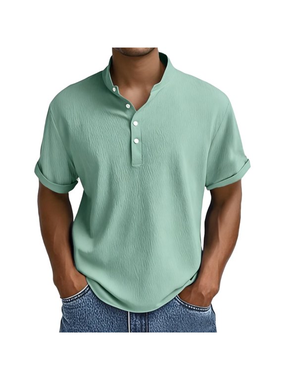 Men's Summer Crinkle Texture Short Sleeve Henley Shirt Casual Stand Collar Button Down Curved Hem Top,Light Green,L