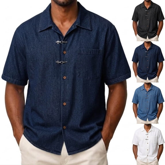 Men's Summer Denim Casual Shirt Tops Button Down Short Sleeve Loose Fit Lapel Pocket Streetwear Outdoor Vacation Fishing Hiking Work Outfits Fashion Essential | JASKFLY,Navy XL
