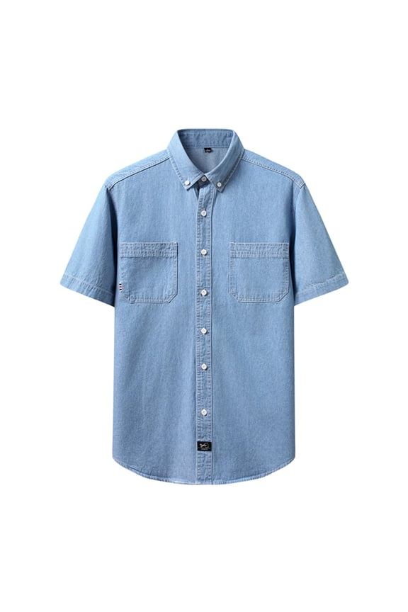 Men's Summer Denim Shirt with Lapel Pocket Solid Washed Short Sleeve for Everyday Casual Wear Lightweight Everyday Shirt for Men Light Blue XXL