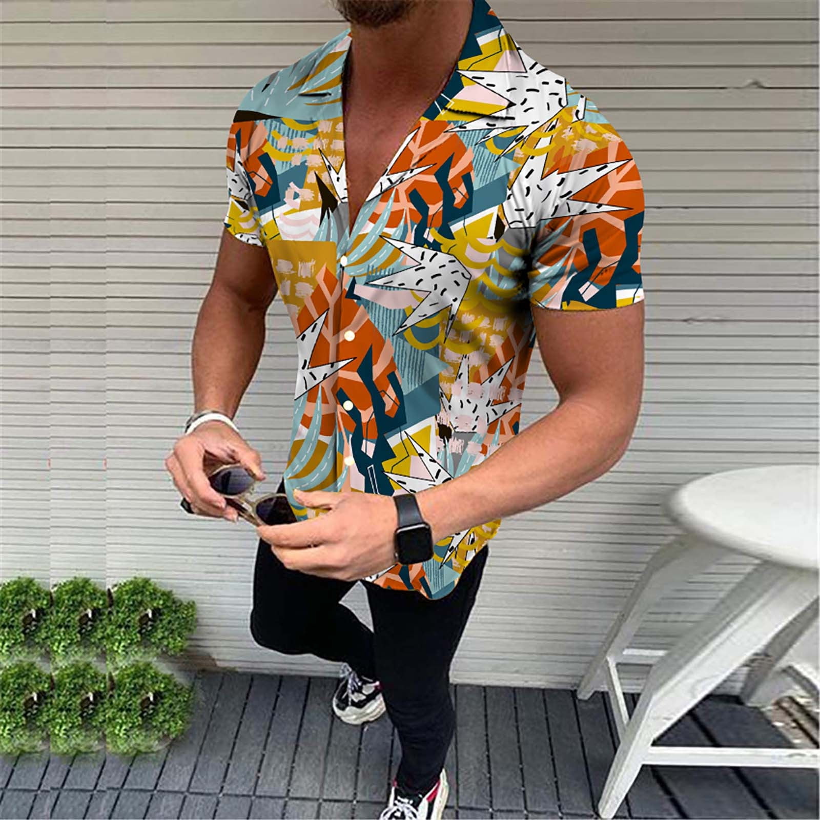 Men's Summer Dress Shirts Short Sleeve Floral Printed T Shirt
