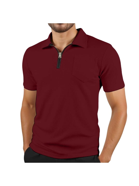 Men's Summer Fashion Chest Pocket Zipper Lapel Short Sleeve Top Comfortable Polyester, Suitable for Various Occasions, Asian Sizes Available