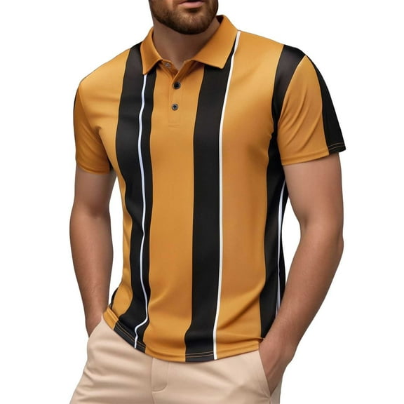 Men's Summer Fashion Color Matching Striped Digital Printed T Shirt Casual Outdoor Lapel Short Sleeve, Polyester