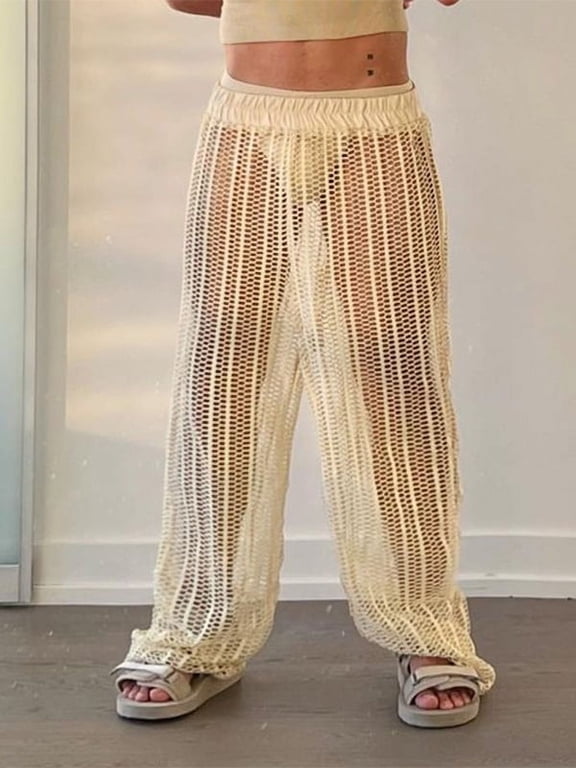 Men's Summer Fashion Hollow Out Fishnet Long Pants Casual Holiday Trousers