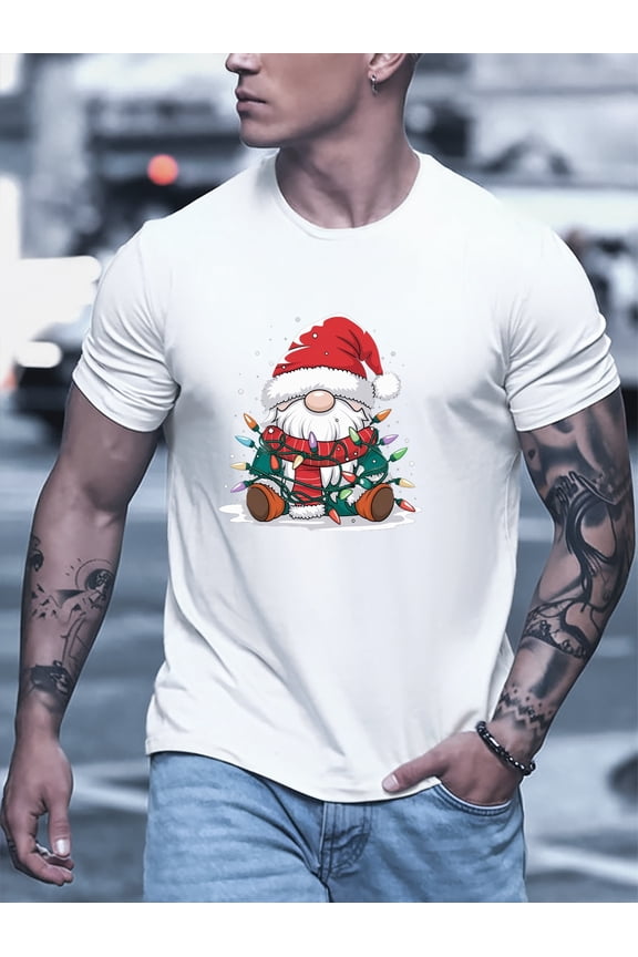 Men's Summer Fashion T-Shirt with Christmas Santa Print - Casual Round Neck, Polyester Blend, Machine Washable