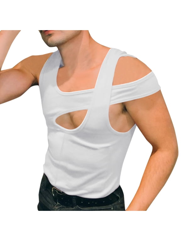 Men's Summer Fashion Tank Tops Stylish Sleeveless Tees Irregular Cut Hollow Design Cool Casual Wear Comfortable Undershirts for Active Mens T-Shirts Extra Long Three Pack Of 10
